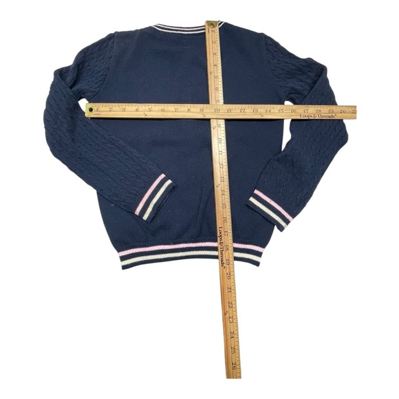 Ferrini Girl Navy Cable Knit Cardigan with Pink and Yellow Strip Accents Size 10 - Picture 2 of 6